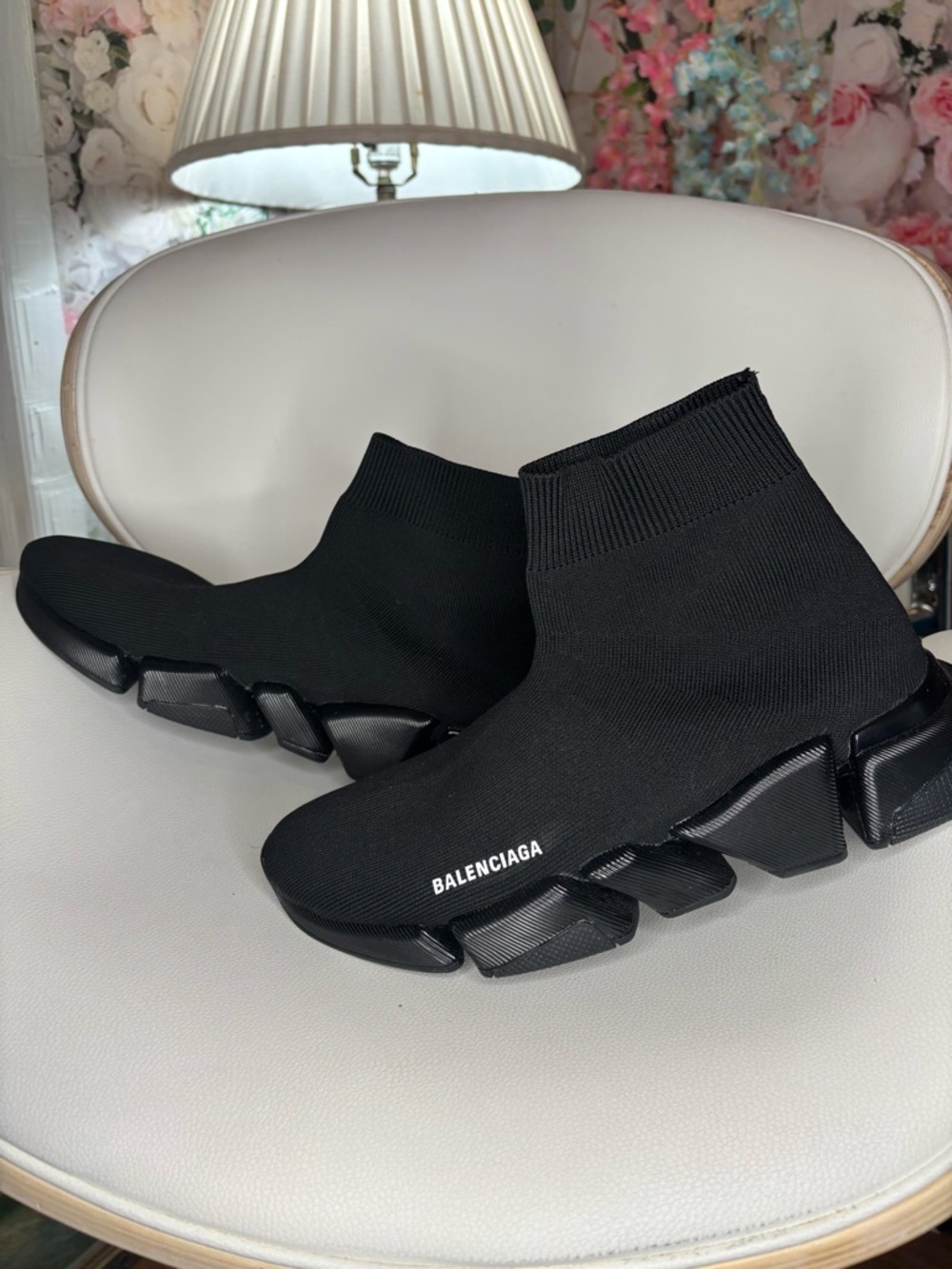 Balenciaga Black Knit Sock Sneakers with White Logo - Picture 6 of 6